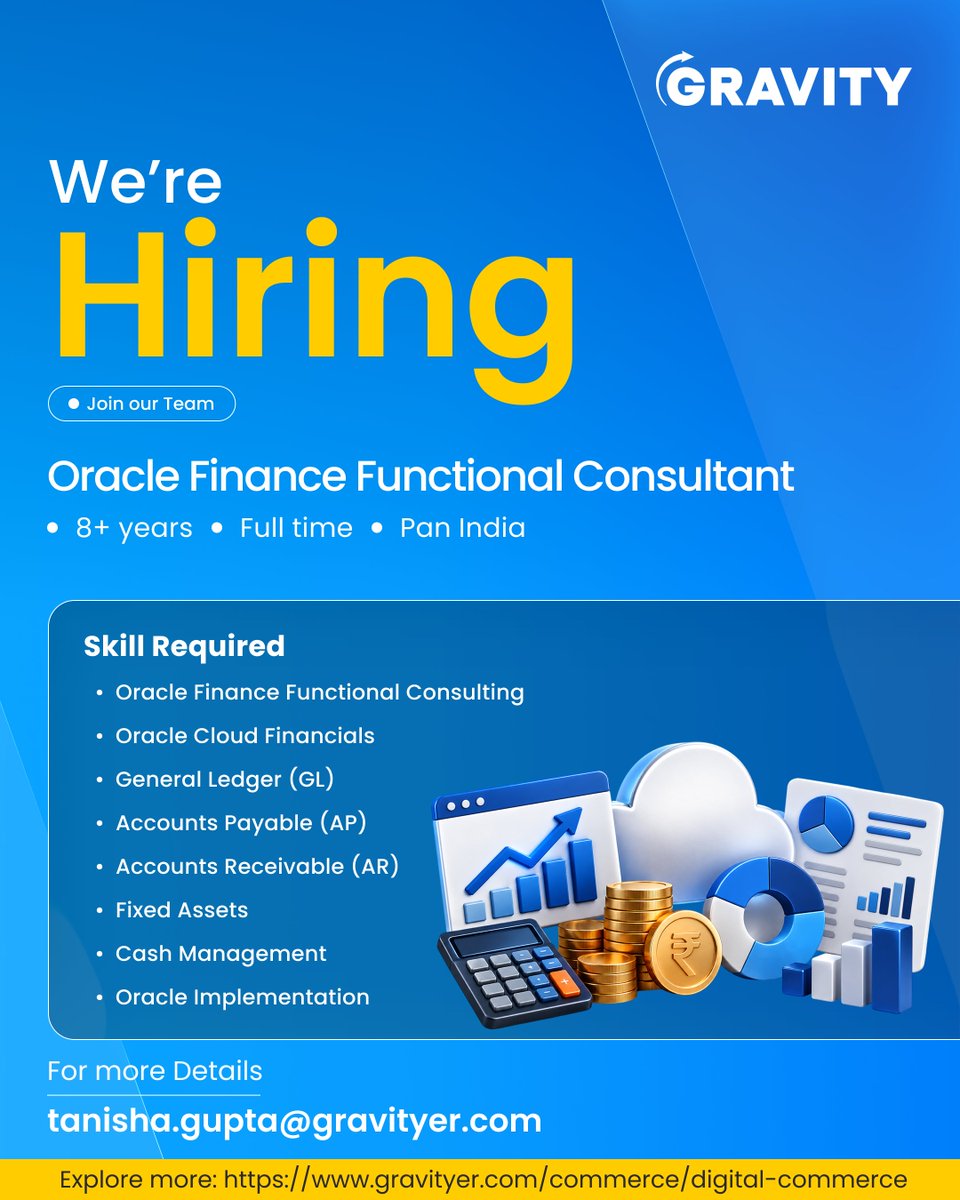 Techgravityer's tweet photo. 🚀 We’re Hiring | Oracle Finance Functional Consultant
📍 Pan India | 💼 8+ Years | Full-Time

🔹 Oracle Cloud Financials
🔹 GL, AP &amp; AR
🔹 Fixed Assets &amp; Cash Management
🔹 Oracle Finance Implementation
📩 tanisha.gupta@gravityer.com
🔗 https://t.co/06r3uxIr3G
#Hiring #Oracle https://t.co/IwoidgseAt