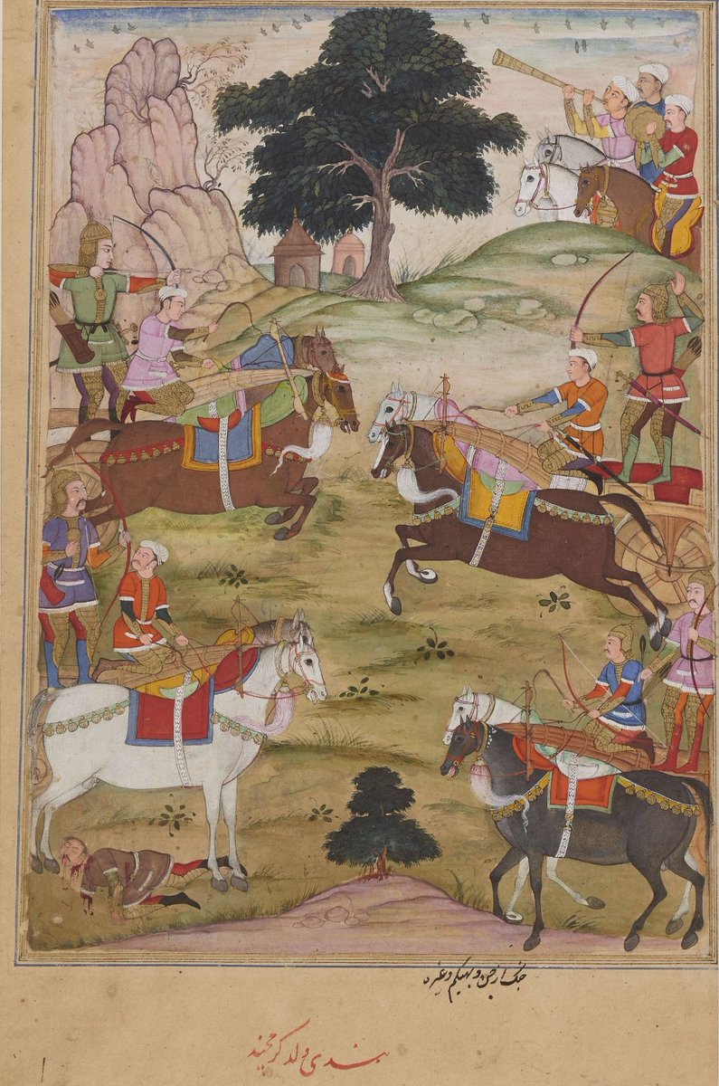 _Shaambhavi's tweet photo. Detached album leaf. This archaic battle scene from the epic Razmnameh, depicts Arjuna and Bhishma in their war chariots attacking one another from opposing sides. Charioted horses await below, while a group of horsemen, sounding a trumpet and drum, stand in the top right corner. https://t.co/hhlYjoBkcK