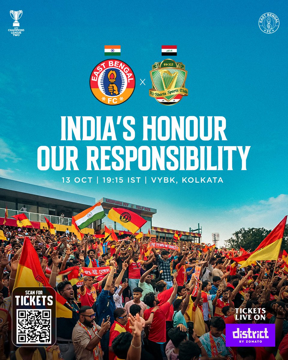 eastbengal_fc's tweet photo. 𝗡𝗮𝘁𝗶𝗼𝗻'𝘀 𝗣𝗿𝗶𝗱𝗲, 𝗢𝘂𝗿 𝗥𝗲𝘀𝗽𝗼𝗻𝘀𝗶𝗯𝗶𝗹𝗶𝘁𝘆  🇮🇳💪

On October 13, we step onto the field against Al-Shorta with one mission: to make India proud! 🫡 

Dear #IndianFootball fans - let's make history together 👉 https://t.co/e9MnAQ6mnp

@district_india https://t.co/YoH3rRUsBu