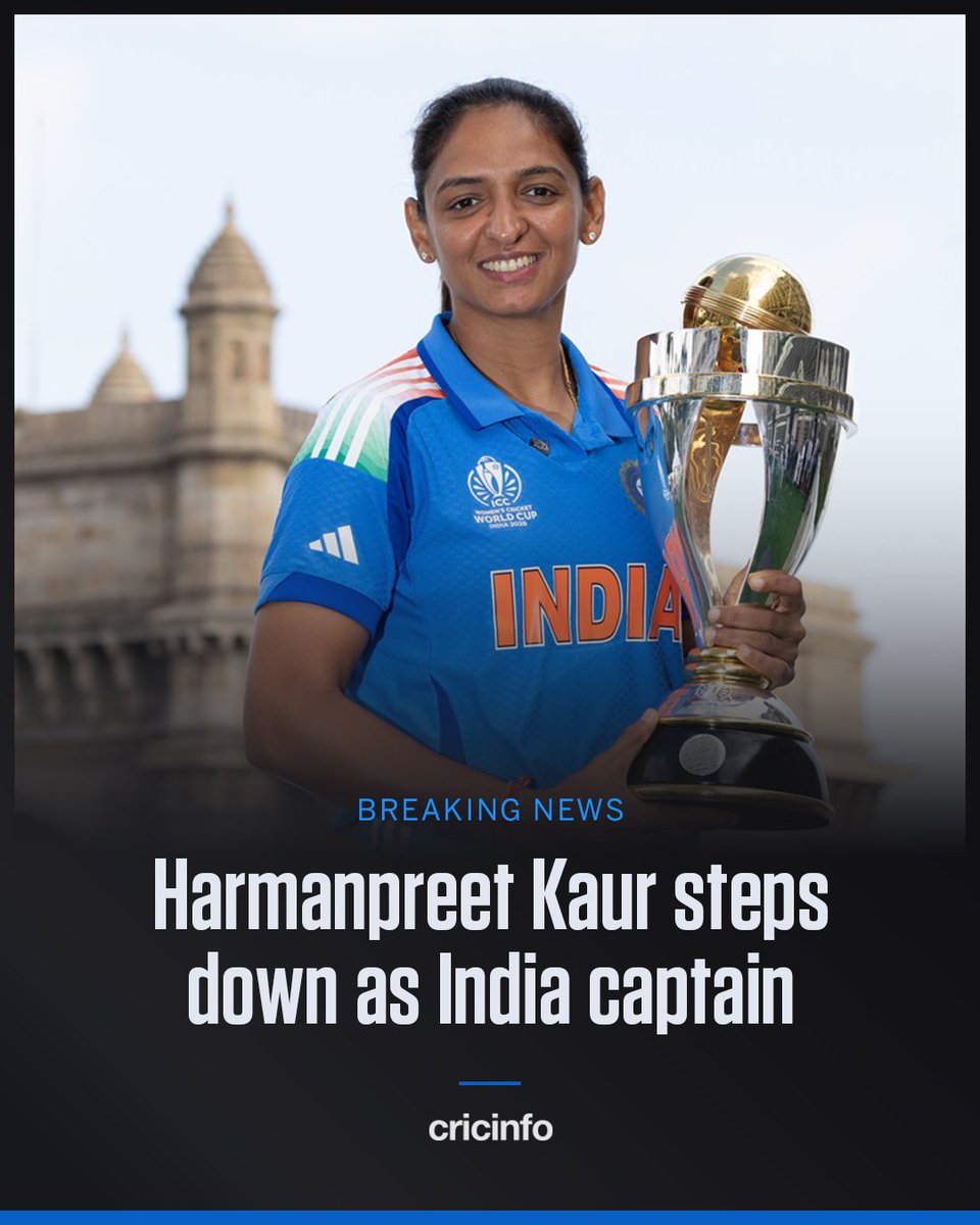cricinfo's tweet photo. "Captaincy ends. The journey continues"

Harmanpreet Kaur, who led India to World Cup glory in 2025, has stepped down as captain https://t.co/jNy7cuNOrh