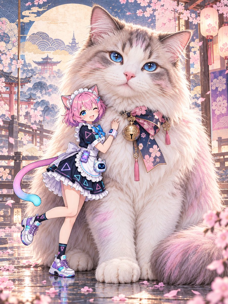 LowAngleMuse's tweet photo. #プロンプト配布 #うちの子巨大猫

あなたのOCにも、
「自分だけの超巨大猫」がいたら��—
ちょっと見てみたくなりませんか？🐈

今回配布するプロンプトはこちらです。

「参考OCの特徴・配色・配飾・気質をもとに、ランダムな実在猫種の超巨大で写実的な猫を組み合わせる。猫の毛色や身につけた装飾は、キャラクターに自然に呼応させる。OCはスケール参照として猫に親しげに寄り添い、猫はカメラをまっすぐ見つめる。全身構図。背景には浮世絵風の文様を控えめに取り入れ、主題を邪魔しない。全体は静かで抑制の効いた、ファッショナブルでシュールレアリスティックな雰囲気。3:4。」

超巨大な猫と寄り添うだけで、
それぞれのOCらしい空気感が自然に生まれるのが面白いところです。

OCが変われば、
猫の品種や雰囲気、
そして二人の距離感までちゃんと変わるのも魅力です。

今回は
きらりあ・ネオン（@akakageAI）
Jewpool (Dantel Bloodborne)（@DantaroDanstar）
VOLT（@voltchaosvt）
の皆さんにもご一緒いただきました✨

ぜひ気軽に使ってみてください！
皆さんのうちの子は、
どんな超巨大猫と出会うのでしょうか？