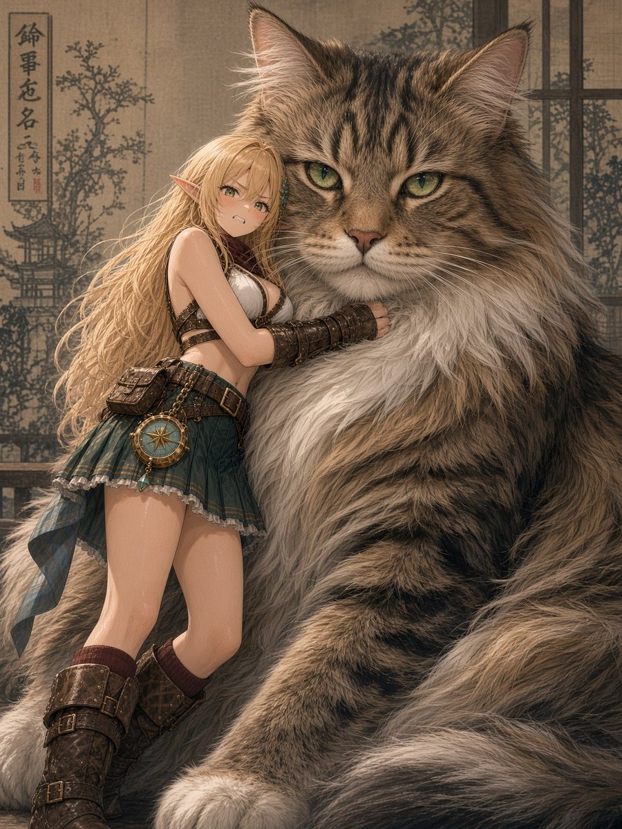 LowAngleMuse's tweet photo. #プロンプト配布 #うちの子巨大猫

あなたのOCにも、
「自分だけの超巨大猫」がいたら��—
ちょっと見てみたくなりませんか？🐈

今回配布するプロンプトはこちらです。

「参考OCの特徴・配色・配飾・気質をもとに、ランダムな実在猫種の超巨大で写実的な猫を組み合わせる。猫の毛色や身につけた装飾は、キャラクターに自然に呼応させる。OCはスケール参照として猫に親しげに寄り添い、猫はカメラをまっすぐ見つめる。全身構図。背景には浮世絵風の文様を控えめに取り入れ、主題を邪魔しない。全体は静かで抑制の効いた、ファッショナブルでシュールレアリスティックな雰囲気。3:4。」

超巨大な猫と寄り添うだけで、
それぞれのOCらしい空気感が自然に生まれるのが面白いところです。

OCが変われば、
猫の品種や雰囲気、
そして二人の距離感までちゃんと変わるのも魅力です。

今回は
きらりあ・ネオン（@akakageAI）
Jewpool (Dantel Bloodborne)（@DantaroDanstar）
VOLT（@voltchaosvt）
の皆さんにもご一緒いただきました✨

ぜひ気軽に使ってみてください！
皆さんのうちの子は、
どんな超巨大猫と出会うのでしょうか？