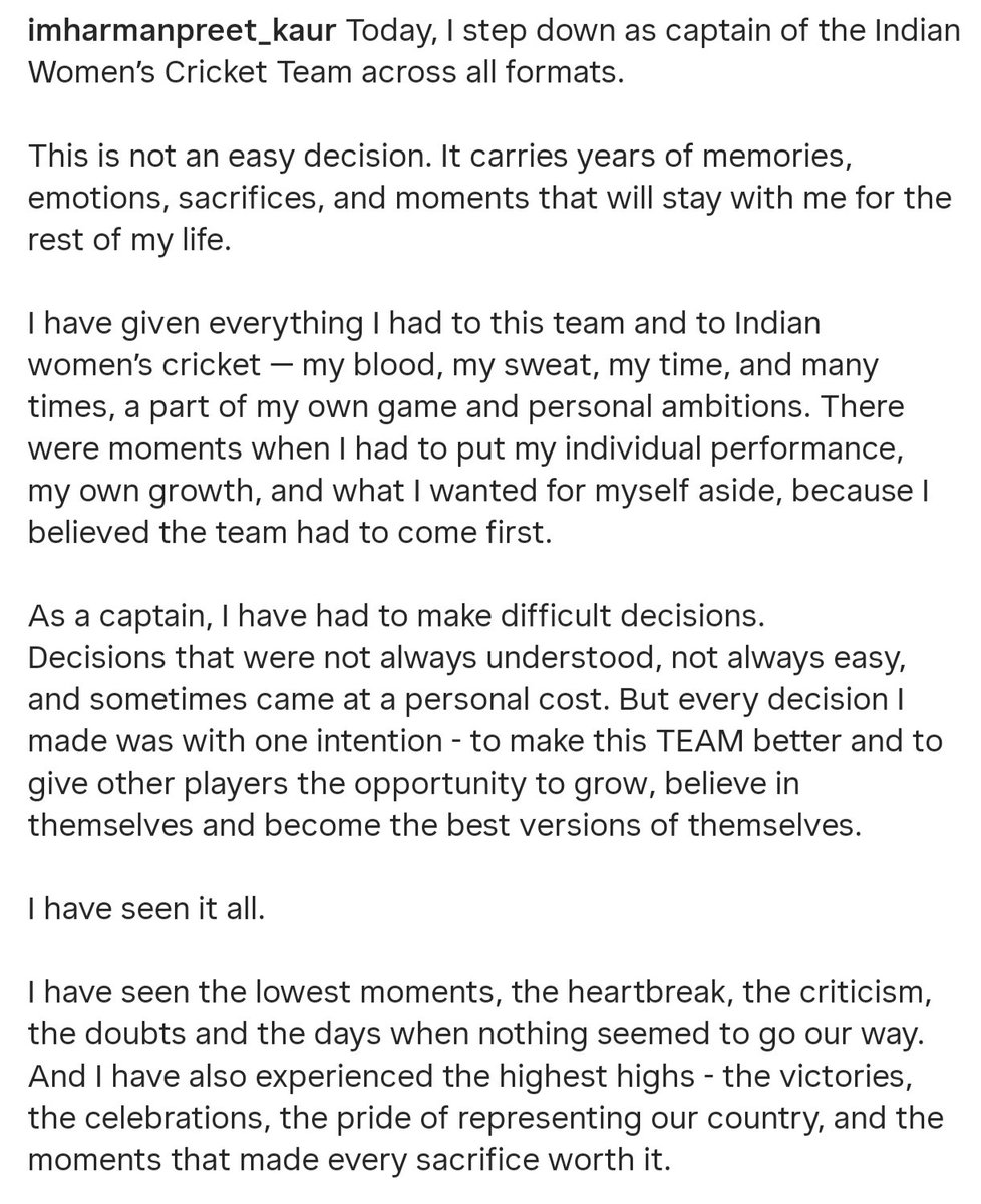 CricCrazyJohns's tweet photo. An emotional post by Harmanpreet Kaur on her decision to step down as India's Captain in all formats 🥹💔 https://t.co/jrkI52LdIE