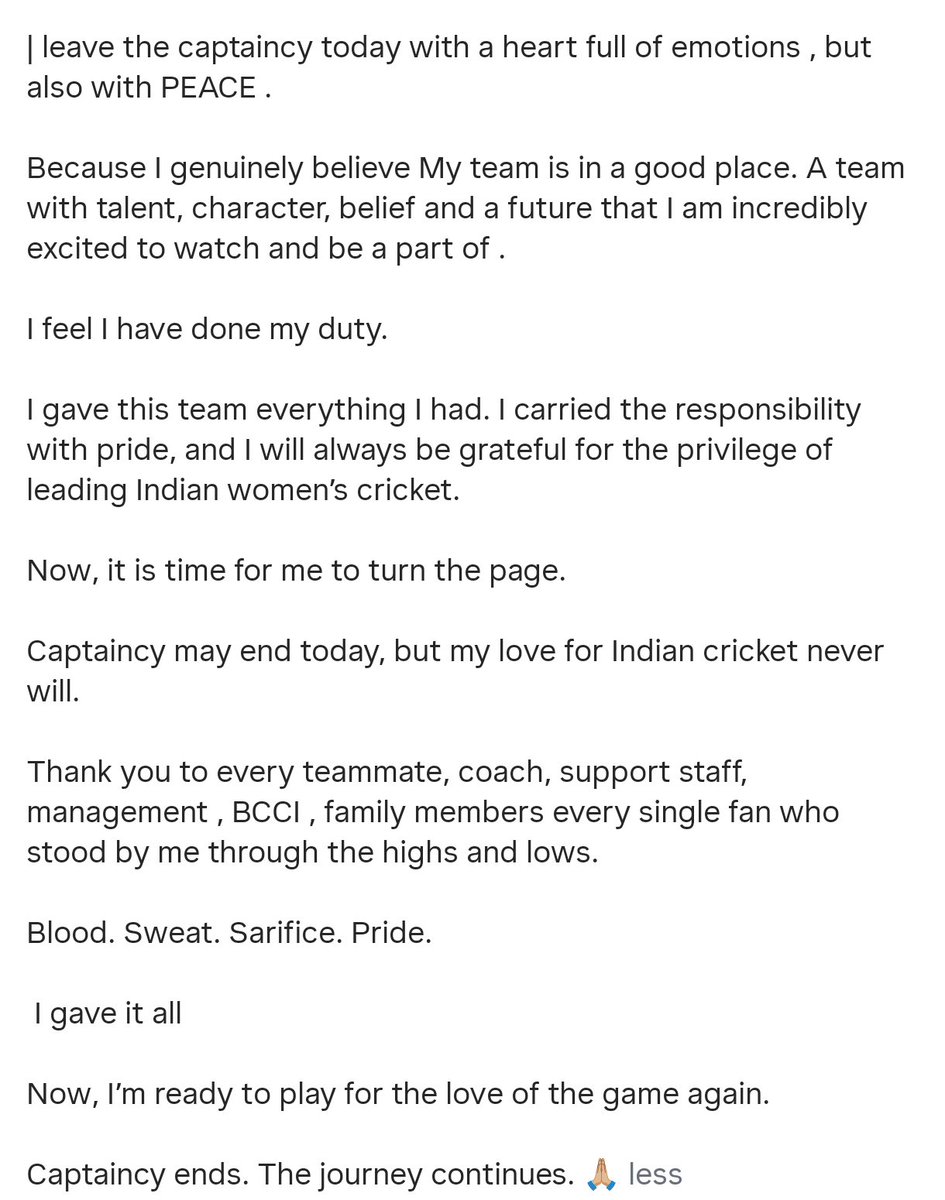 CricCrazyJohns's tweet photo. An emotional post by Harmanpreet Kaur on her decision to step down as India's Captain in all formats 🥹💔 https://t.co/jrkI52LdIE
