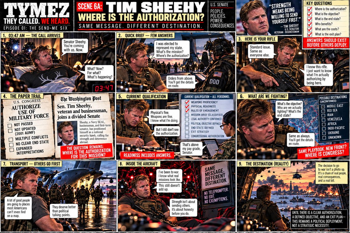 Tine0000002's tweet photo. @TimSheehyMT @TimSheehyMT — TYMEZ // THE FATE OF THE "SEND ME SIX"

Veteran. Senator. Rifle issued. One question keeps surviving every briefing: where is the authorization?
FICTIONAL SATIRE. The ending is in the replies ↓
@USNavy @thejointstaff https://t.co/d7GrVJVNVz