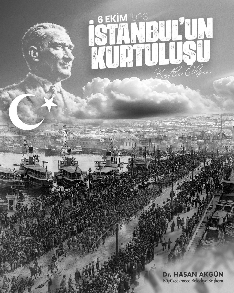 drhasanakgun's tweet photo. Gazi Mustafa Kemal Atatürk’ün bu sözü, işgal günlerinin karanlığında milletimizin geleceğine duyduğu inancı, kararlılığını ve boyun eğmeyen iradesini anlatır.

6 Ekim 1923’te İstanbul’da yeniden Türk bayrağı dalgalandığında, Millî Mücadele’nin zaferi, Cumhuriyet’e uzanan büyük yürüyüşün en anlamlı dönüm noktalarından biriyle taçlandı.

İstanbul’un kurtuluşunun 103. yıl dönümünde; başta Gazi Mustafa Kemal Atatürk olmak üzere, bu büyük mücadelenin tüm kahramanlarını, vatan uğruna hayatını feda eden aziz şehitlerimizi, kahraman gazilerimizi rahmet ve minnetle anıyorum.

İstanbul’un Kurtuluşunun 103. Yılı Kutlu Olsun.

Dr. Hasan AKGÜN
Büyükçekmece Belediye Başkanı