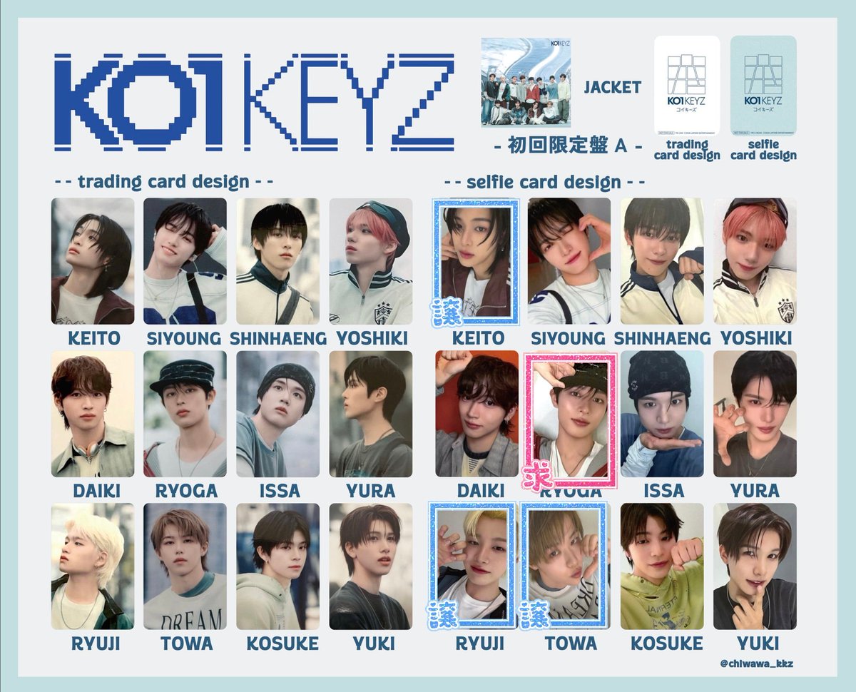 pompom59146559's tweet photo. KO1KEYZ トレカ交換
初回限定盤A（セルカver）

【求】飯塚
【譲】小野、杉山、濱田

画像参照ください😊
郵送での交換希望です✨ https://t.co/EmGmHMjE8i