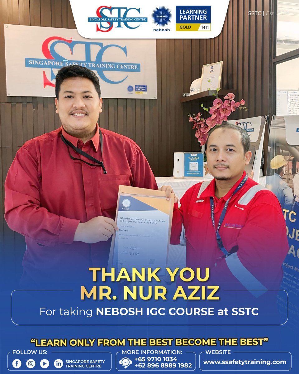ssafetyraining's tweet photo. Terimakasih kepada Bapak Nuz Aziz yang sudah mengambil kelas NEBOSH IGC di SSTC. Semoga bermanfaat untuk memajukan karir kedepannya.

Learn only from the best, Become the best!!

Hubungi kami di
Wa: +62 896-8989-1982
 
#Testimonial #SSTC #NEBOSH #HSE #SingaporeSafetyTraining https://t.co/R7panHejTk