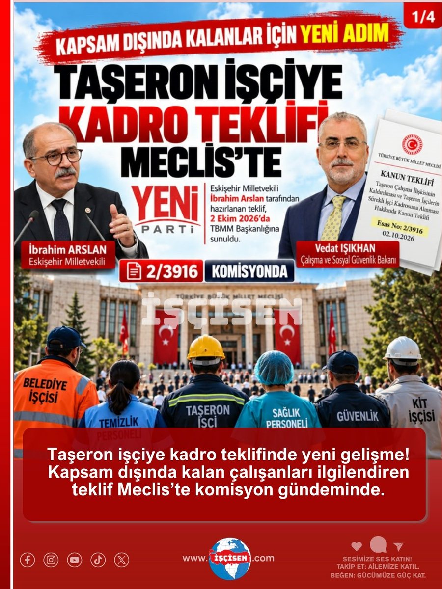 iscisenn's tweet photo. TAŞERON İŞÇİYE KADRO TEKLİFİ MECLİS’TE!
2018’de kapsam dışında kalan taşeron işçiler için yeni kadro teklifi T
⚠️ Henüz yasalaşmadı. Gözler Meclis ve Çalışma Bakanlığı’nda!
📢 Taşeronun sesi duyulsun! Takip et, paylaş, sesimize ses kat.
#taşeron #kadro #işçihakları #TBMM #gündem https://t.co/B7z9sRg0B3