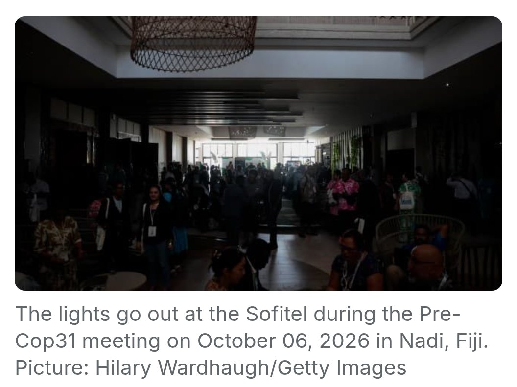 Matt_Camenzuli's tweet photo. You can't make this up.
Bowen's stupid pre-COP Fiji flop goes from bad to worse...
Today the lights went out as if somehow higher power wanted to make a point.
Without cheap and reliable energy microphones, lighting and cameras don't work.
What the devil will they do? https://t.co/9Ny90qfFhI