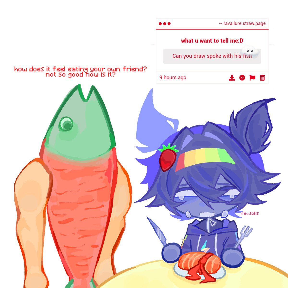 Ravscks's tweet photo. this is like the fifth time i drew him with his fish
#spokeisherefanart #unstableuniverse https://t.co/lxJQGAQed4