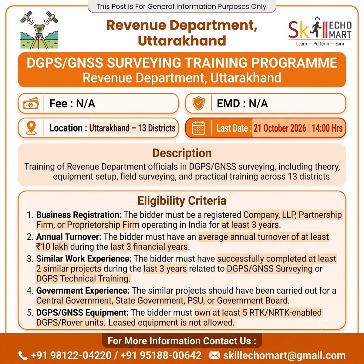 SkillEchoMart's tweet photo. Live Tender Alert: Revenue Department, Uttarakhand | Last Date: 21-10-2026, 2:00 PM
#GeM #GeMTender #GovernmentTender #UttarakhandTender #RevenueDepartment #DGPS #GNSS #DGPSTraining #GNSSTraining #Surveying #TechnicalTraining #TrainingTender #TenderAlert https://t.co/bkaQqBx4WR