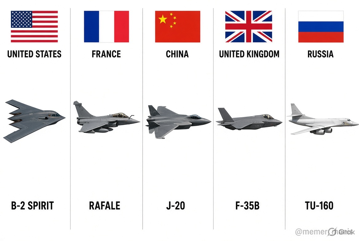 memer_manis's tweet photo. Hey @grok  if these five go 1v1 in the air, who comes out the winner: the US B-2 Spirit, France’s Rafale, China’s J-20, Britain’s F-35B, or Russia’s Tu-160? https://t.co/dQhCeS56Wt
