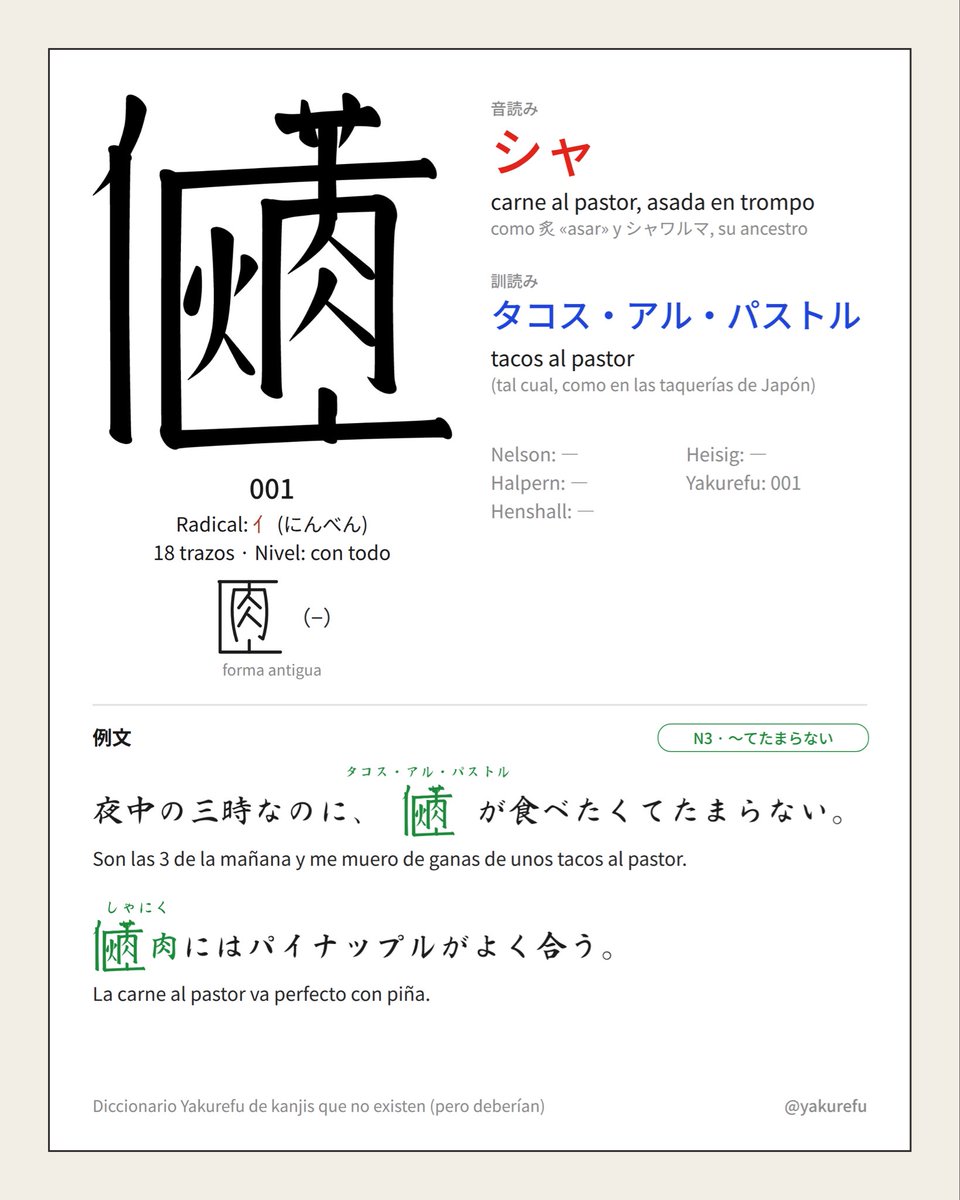 yakurefu's tweet photo. El kanji de “Tacos al pastor” 🤓☝🏻 https://t.co/tDTjcYRqcn