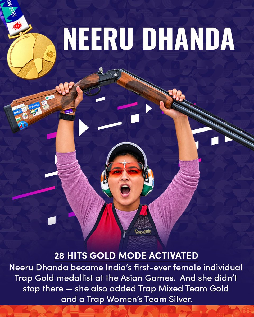 DoPTGoI's tweet photo. 28 hits. One historic Gold. Zero doubt. 🎯🥇
Neeru Dhanda became India’s first-ever female individual Trap Gold medallist at the Asian Games.
And she wasn’t done yet. Mixed Team Gold + Women’s Team Silver too!

#BharatKiYuvaShakti https://t.co/NTwXM1pYf5