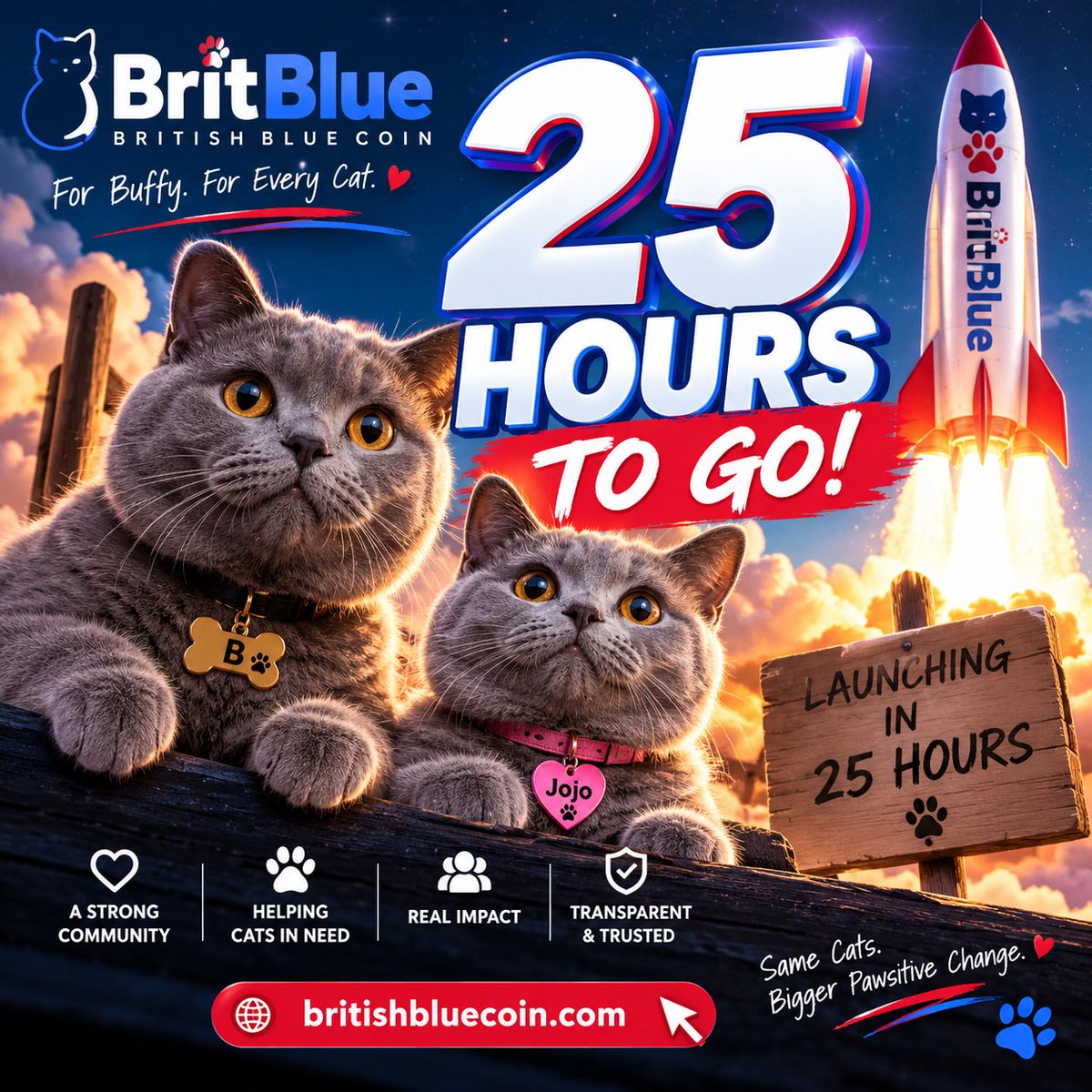 BritBluecoin's tweet photo. 🚨🐾 25 HOURS TO GO!

$BRITBLUE launches tomorrow! 🚀💙

Built for one mission: HELP CATS IN NEED.

🐾 We need YOU!
🔁 Repost
💬 Tag a cat lover
👥 Bring ONE person into our community

Let’s make some noise! 🔥

For Buffy. For Every Cat.

🌐 https://t.co/a7tzrpmzmv

#BRITBLUE https://t.co/sJovrGvrIC