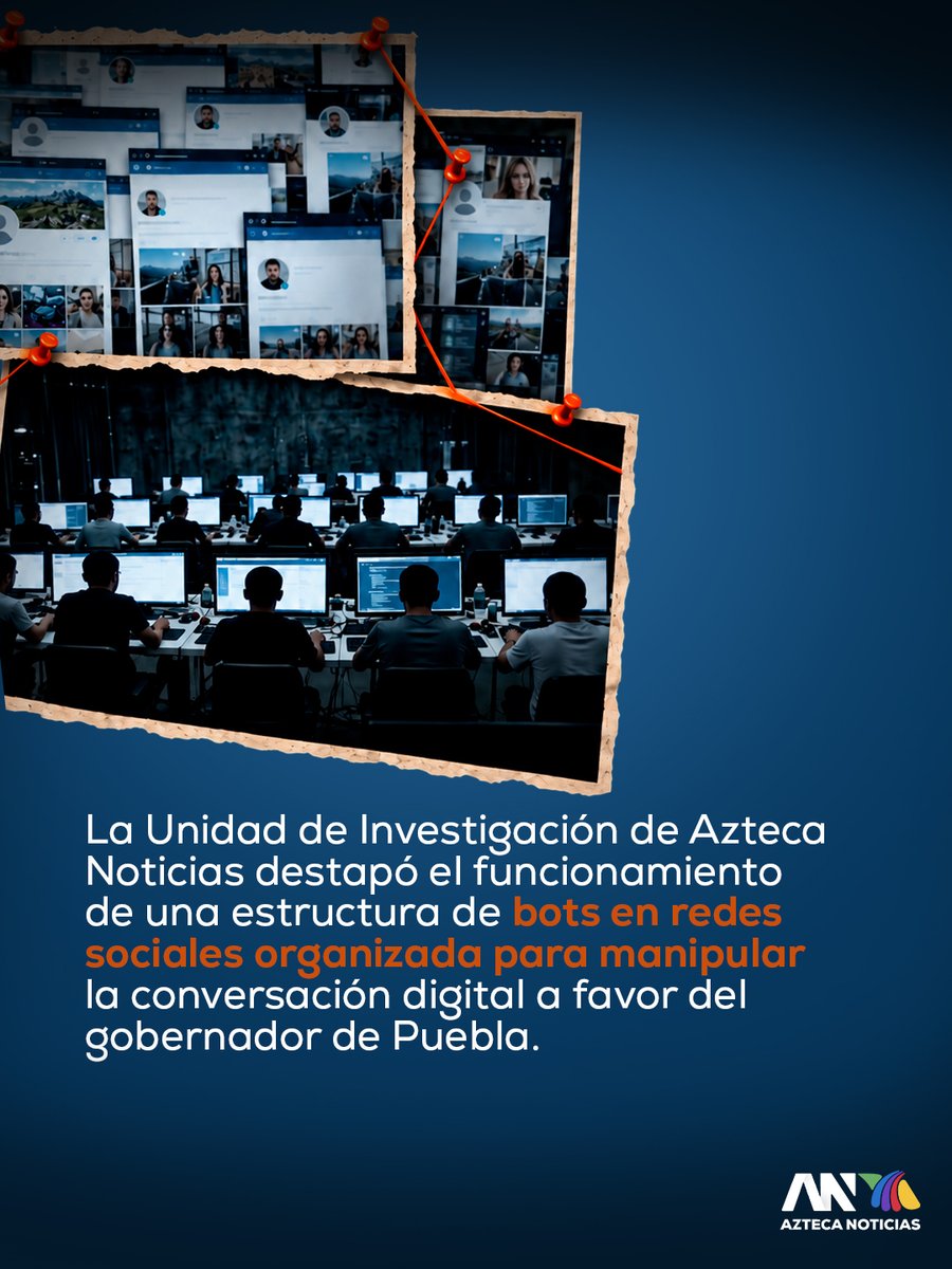 AztecaNoticias's tweet photo. 🚨🔍 Se revela la estructura de ataques coordinados y bots al servicio del poder en #Puebla
La Unidad de Investigación de Azteca Noticias #UIAN reveló que la empresa Concentra BPO opera una sofisticada granja de bots y red de guerra sucia para manipular la conversación a favor del gobernador Alejandro Armenta (@armentapuebla_)
🧵1/3