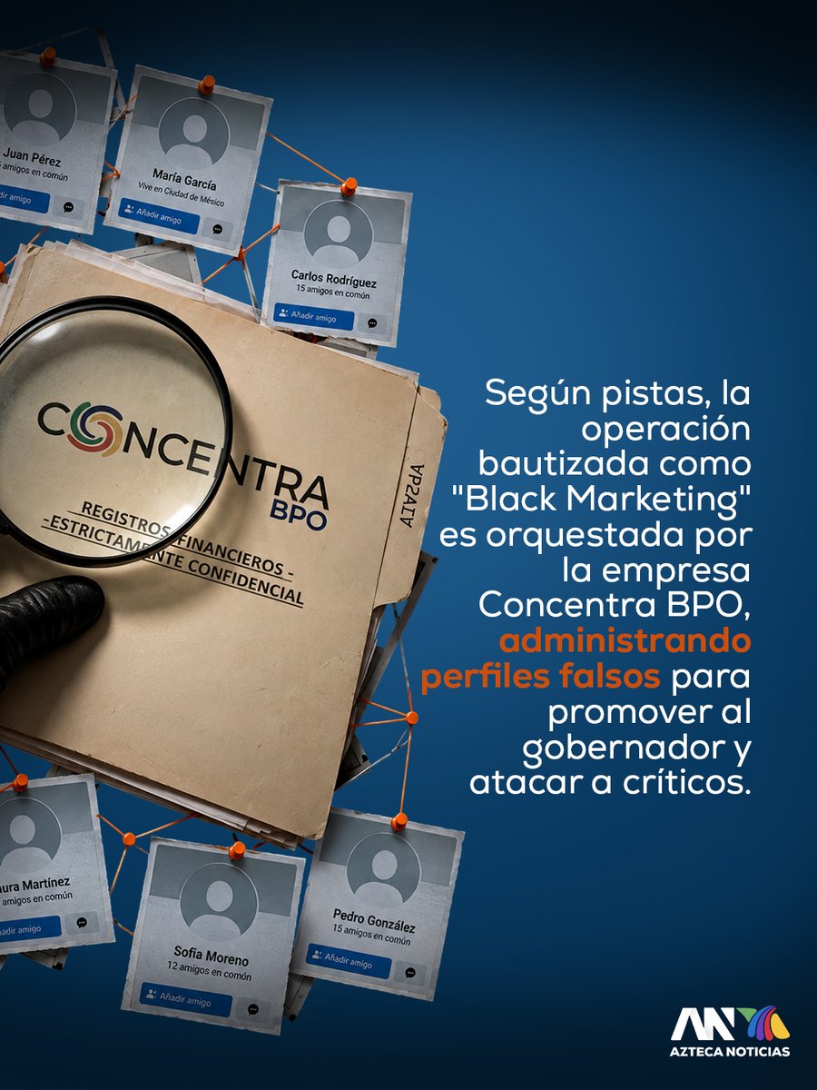 AztecaNoticias's tweet photo. 🚨🔍 Se revela la estructura de ataques coordinados y bots al servicio del poder en #Puebla
La Unidad de Investigación de Azteca Noticias #UIAN reveló que la empresa Concentra BPO opera una sofisticada granja de bots y red de guerra sucia para manipular la conversación a favor del gobernador Alejandro Armenta (@armentapuebla_)
🧵1/3