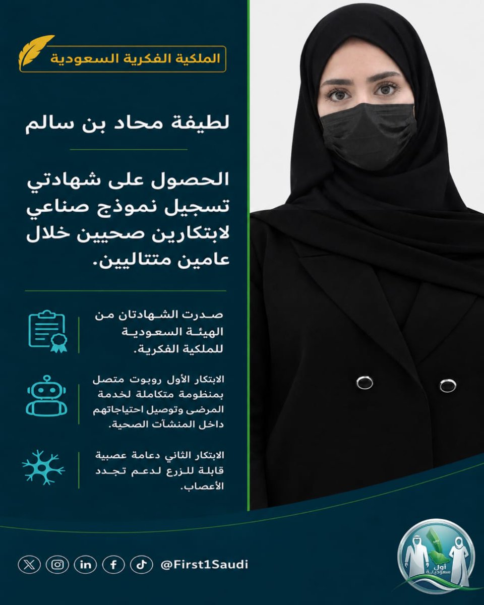 First1Saudi's tweet photo. من روبوتٍ يرافق المريض داخل المنشأة الصحية… إلى دعامةٍ قابلة للزرع تدعم تجدد الأعصاب؛ تسجّل المبتكرة السعودية لطيفة محاد بن سالم حضورها بشهادتي تسجيل نموذج صناعي من الهيئة السعودية للملكية الفكرية خلال عامين متتاليين.  
فخرٌ سعودي يبتكر للصحة.  
#لطيفة_محاد_بن_سالم https://t.co/iOMfq8qz0D