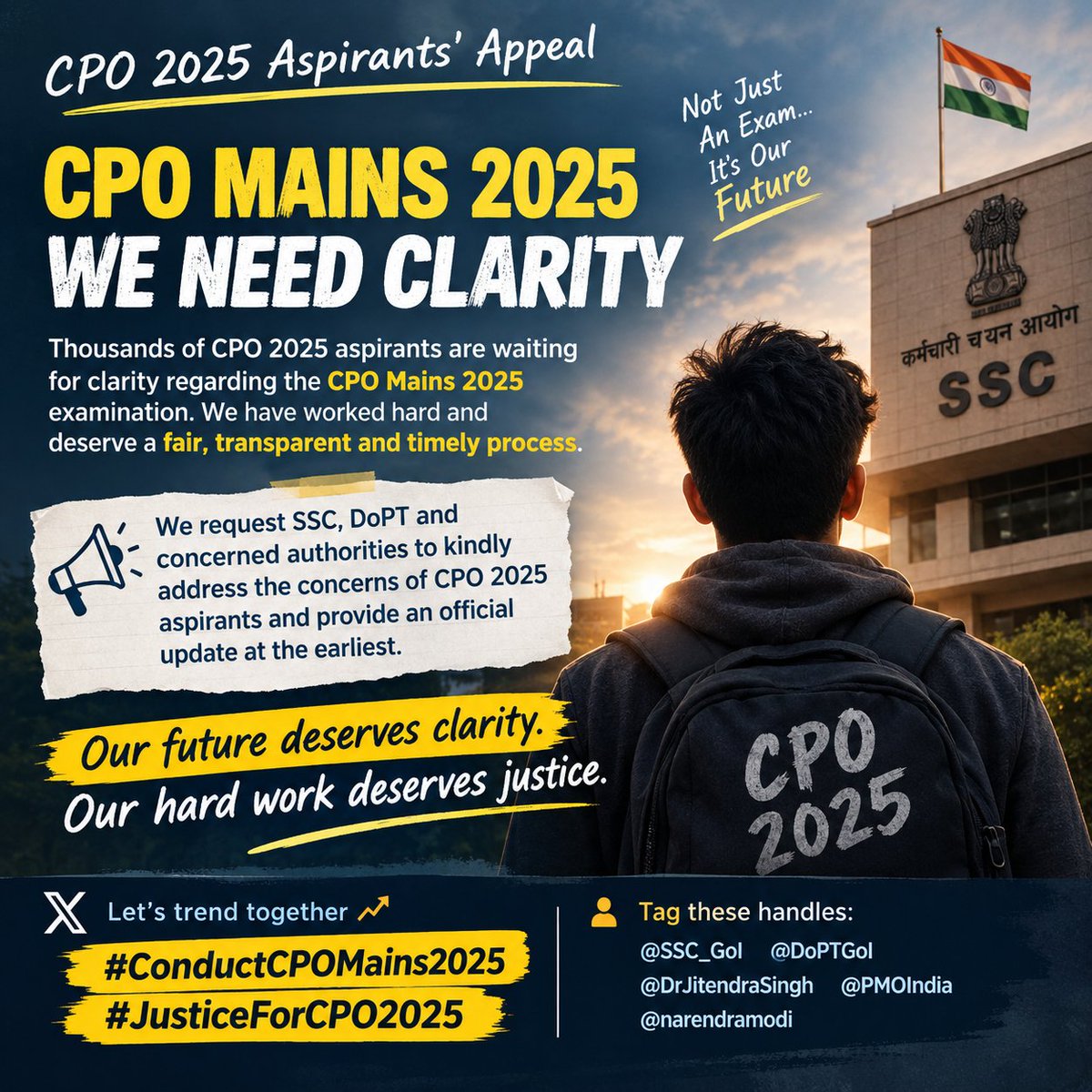 Pushpendra7m's tweet photo. 📢 CPO Mains 2025 aspirants deserve clarity and justice.
Please provide an official update at the earliest. 🙏
#ConductCPOMains2025
#JusticeForCPO2025 https://t.co/9IF6LlVIr9