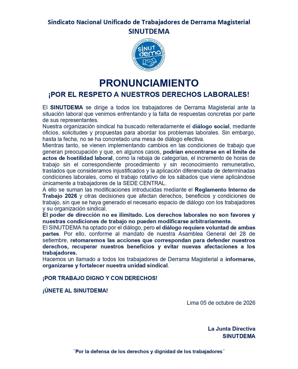 sinutdema's tweet photo. 📢 PRONUNCIAMIENTO | SINUTDEMA
En Derrama Magisterial exigimos diálogo social y respeto a nuestros derechos laborales.

Rebaja de categorías, más horas sin reconocimiento, traslados injustificados, condiciones laborales diferenciadas y cambios en el RIT generan preocupación. https://t.co/mUcWuAqaRn