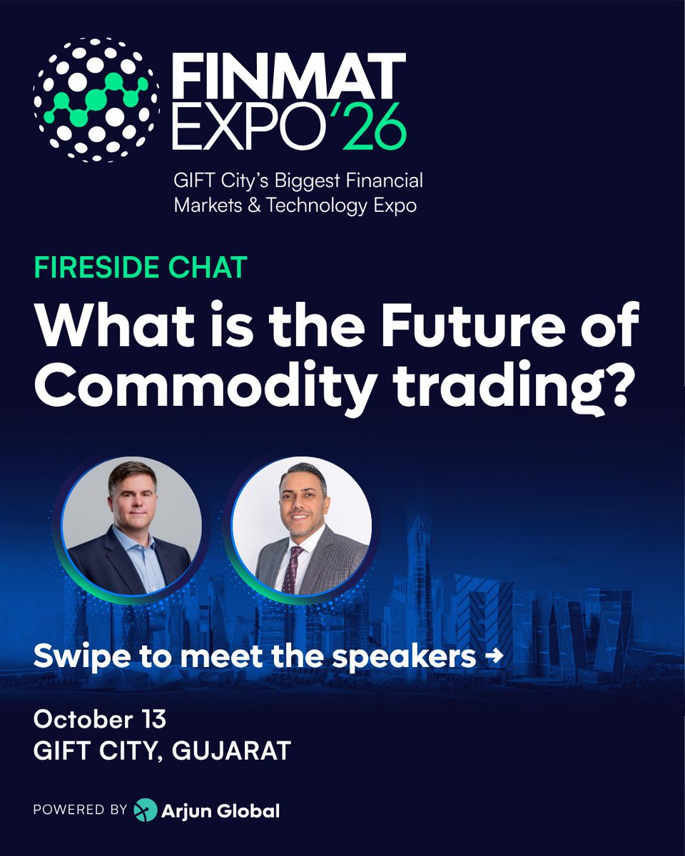 arjunglobal's tweet photo. Expect sharp perspectives on technology, market connectivity and the infrastructure shaping what comes next. 13 October 2026 | GIFT City, Gandhinagar The countdown is on. Will you be in the room? 

#FINMATExpo #CommodityTrading #CommodityMarkets #FinancialMarkets #GIFTIFSC https://t.co/83EN0TU0rn