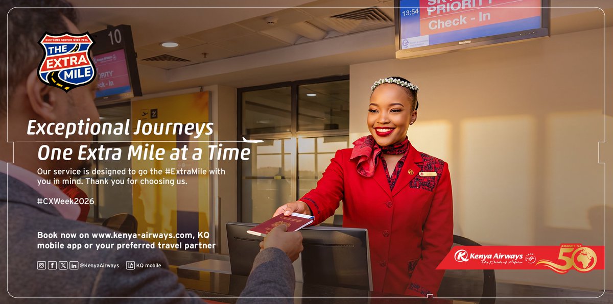 KenyaAirways's tweet photo. This Customer Service Week, we celebrate our people who go the #ExtraMile to make every journey a little better.
Thank you for choosing us.

#ThePrideOfAfrica https://t.co/55PjLxqdAa