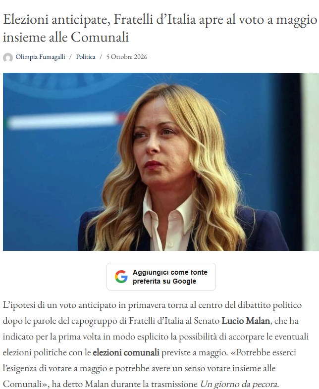 sintrug's tweet photo. #Malan e @Meloni vorrebbero accorpare in un unico casino elezioni anticipate con comunali . Ma l'occhio è alla tasca dei parlamentari che a quella data raggiungerebbero l'agognato #Vitalizio e lo farebbero con una #leggeelettorale varata per l'occasione . #Mattarella incazzati https://t.co/3Gsykfx93N