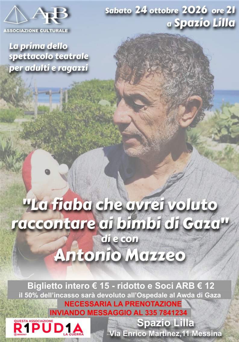 mazzeoantonio's tweet photo. "La fiaba che avrei voluto raccontare ai bimbi di Gaza" di e con Antonio Mazzeo #michiamohandalino #stopthegenocideingaza🇵🇸
PRIMA ASSOLUTA A #MESSINA Sabato 24 ottobre 2026, ore 21
La fiaba è tratta da "Mi chiamo Handalino" (Miranda editrice, Milano, 2026) https://t.co/GUzjxc9jCX