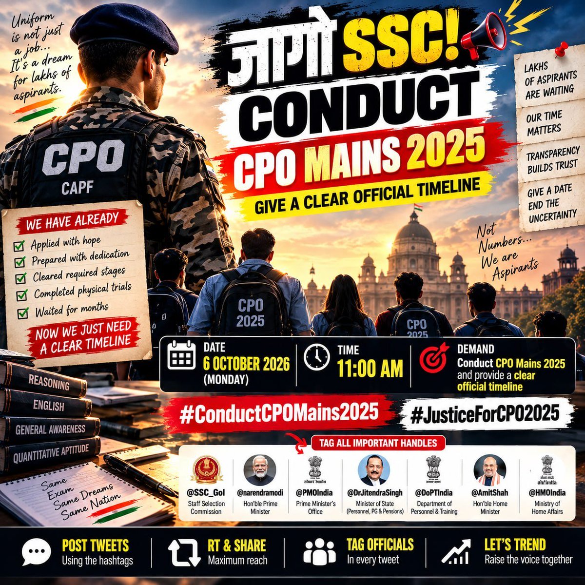 KurbanAli1790's tweet photo. CPO aspirants have waited long enough.
We cleared the required stages, completed the 
process and are waiting for the next decisive 
step.
We need a clear, official timeline for CPO 
Mains 2025.

@SSC_GoI @DoPTIndia @PMOIndia 
@narendramodi @DrJitendraSingh
#ConductCPOMains2025 https://t.co/mv8ZHejNhY
