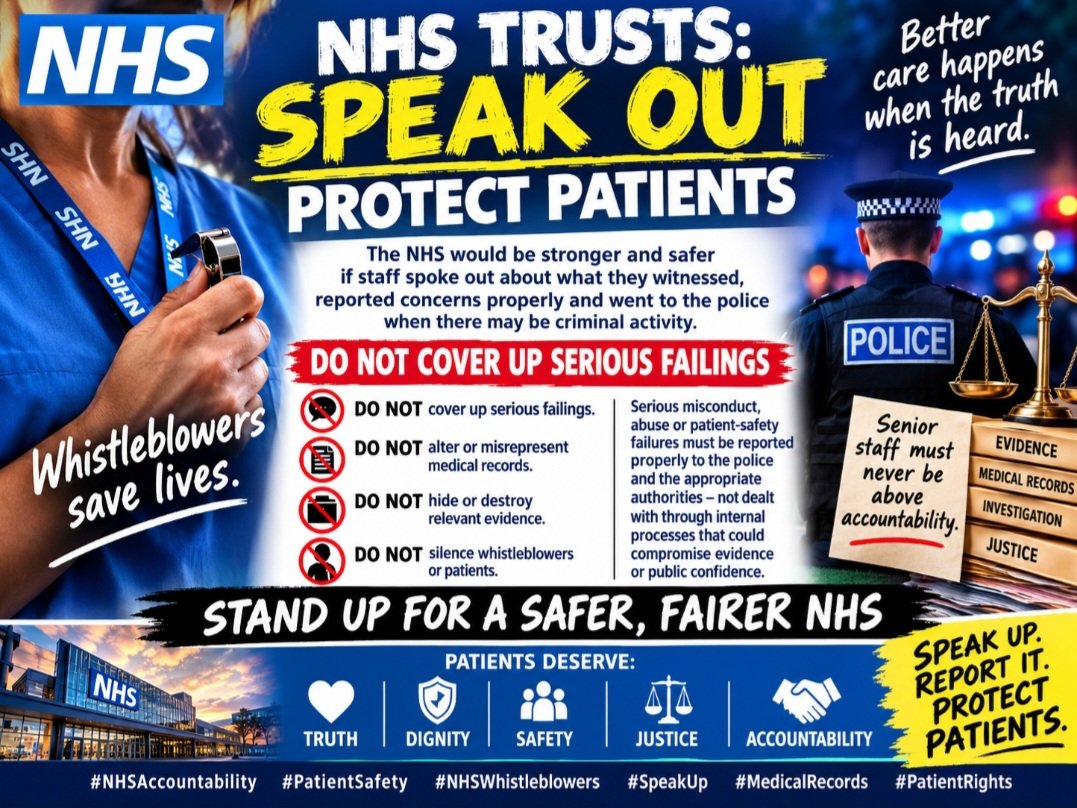 NHSvictimsVoice's tweet photo. Patients deserve: TRUTH β’ DIGNITY β’ SAFETY β’ JUSTICE β’ ACCOUNTABILITY
SPEAK UP.
RECORD THE FACTS.
PRESERVE THE EVIDENCE.
PROTECT PATIENTS.
#NHSAccountability #PatientSafety #NHSWhistleblowers #SpeakUp #MedicalRecords #PatientRights
#MetooInNHS https://t.co/ZZAnm5gM0B