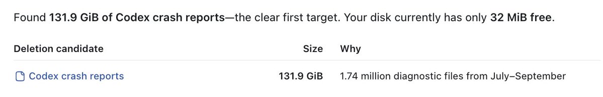 Codex desktop cleanup prompt identifying 131.9 GiB of crash reports as the first deletion target