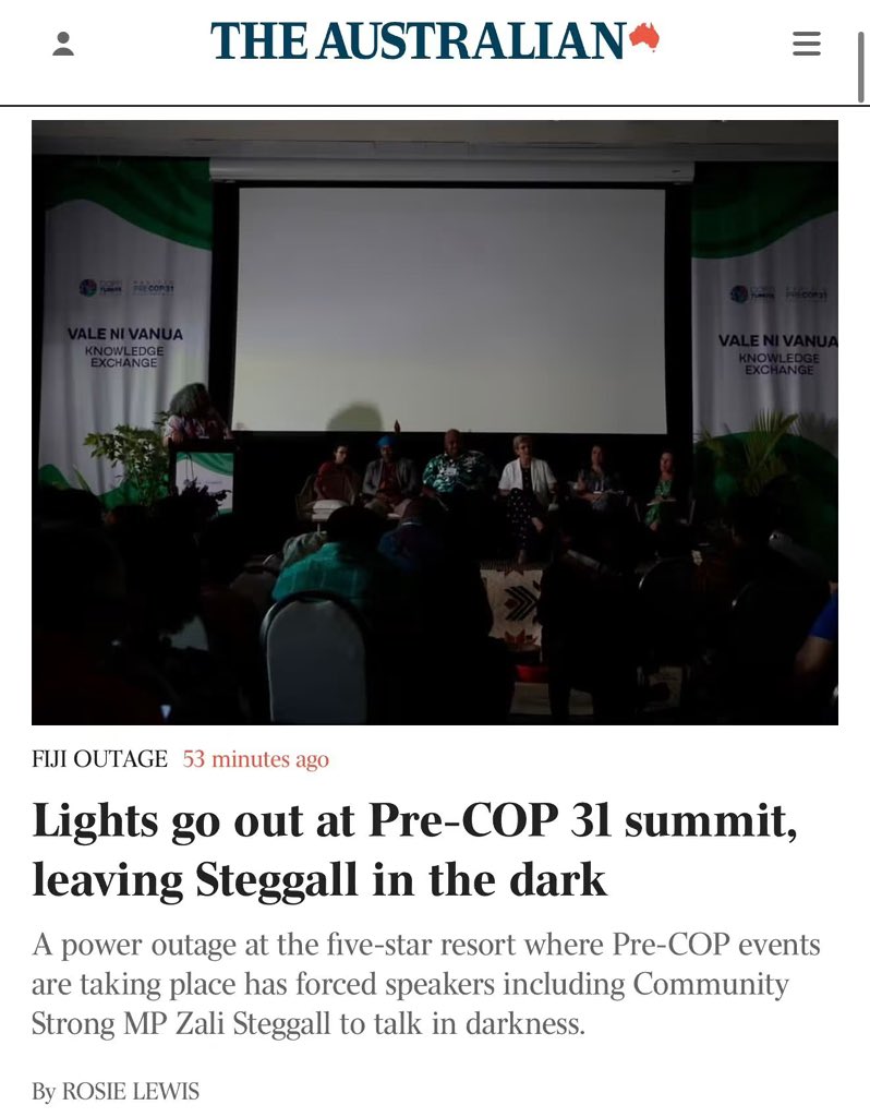 PaulineHansonOz's tweet photo. You can’t make this up.

The lights have gone out at Chris Bowen’s multi-million dollar festival for climate change and renewables.

Just a sign of what’s to come if Australia continues down the path of net-zero! https://t.co/eWm8SGF4FE