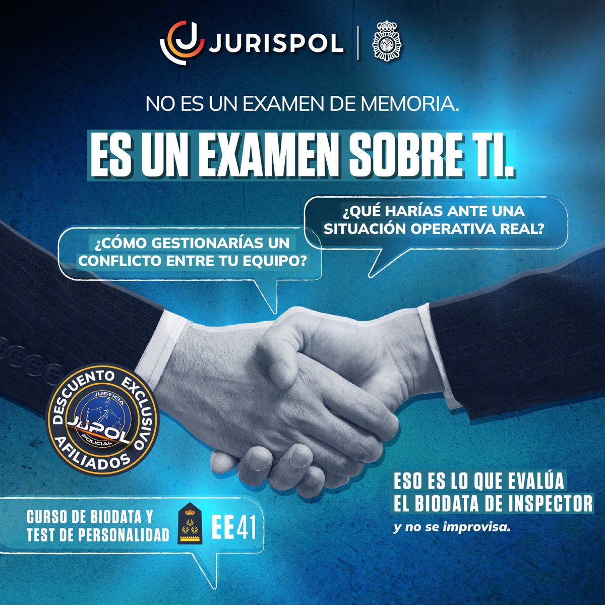 JupolNacional's tweet photo. 👮‍♂️ Afiliado/a JUPOL: ¿tienes un familiar opositando a Inspector?
El biodata de Escala Ejecutiva no se aprueba de memoria. Se prepara.
Gracias a nuestro acuerdo con Jurispol, tu familiar tiene precio exclusivo en el curso: 150 € → 120 €
✅ Casos de gestión de grupos y test de personalidad como los oficiales. 
✅ Modelos de biodata, trabajados a partir de preguntas oficiales de convocatorias anteriores. 
✅Test de personalidad y psicopatología, similares a los del examen oficial.
✅Casos prácticos de actuaciones policiales operativas.
✅Resolución de dudas en directo durante las sesiones. 
✅ Online o presencial en Madrid.
🏆 El 82 % de los aptos de la última promoción de Inspector se prepararon con Jurispol.
📲 Reenvíale este mensaje 👉https://t.co/jV0Xfu68jp