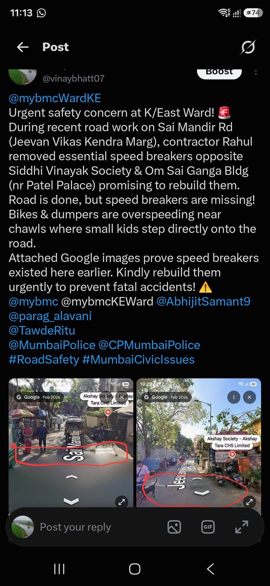 vinaybhatt07's tweet photo. @mybmcWardKE 
"It’s been more than a month since the complaint was registered, but still no speed breaker. When will K/E Ward install it? Will action be taken only after someone loses their life?" @TawdeRitu @AshwiniBhide https://t.co/2Xq6fvXGPf