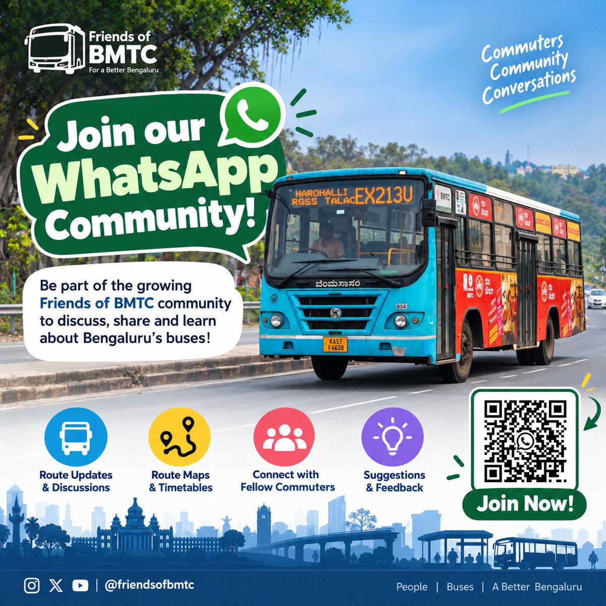 FriendsofBMTC's tweet photo. 🚌 Love Bengaluru’s buses? Join us! 💙

The Friends of BMTC WhatsApp Community is a space to share BMTC updates, discuss routes &amp; services, and connect with fellow public transport enthusiasts.

🤝 Join the community: https://t.co/3hEe3qfvlB https://t.co/PYxkC0yO1s