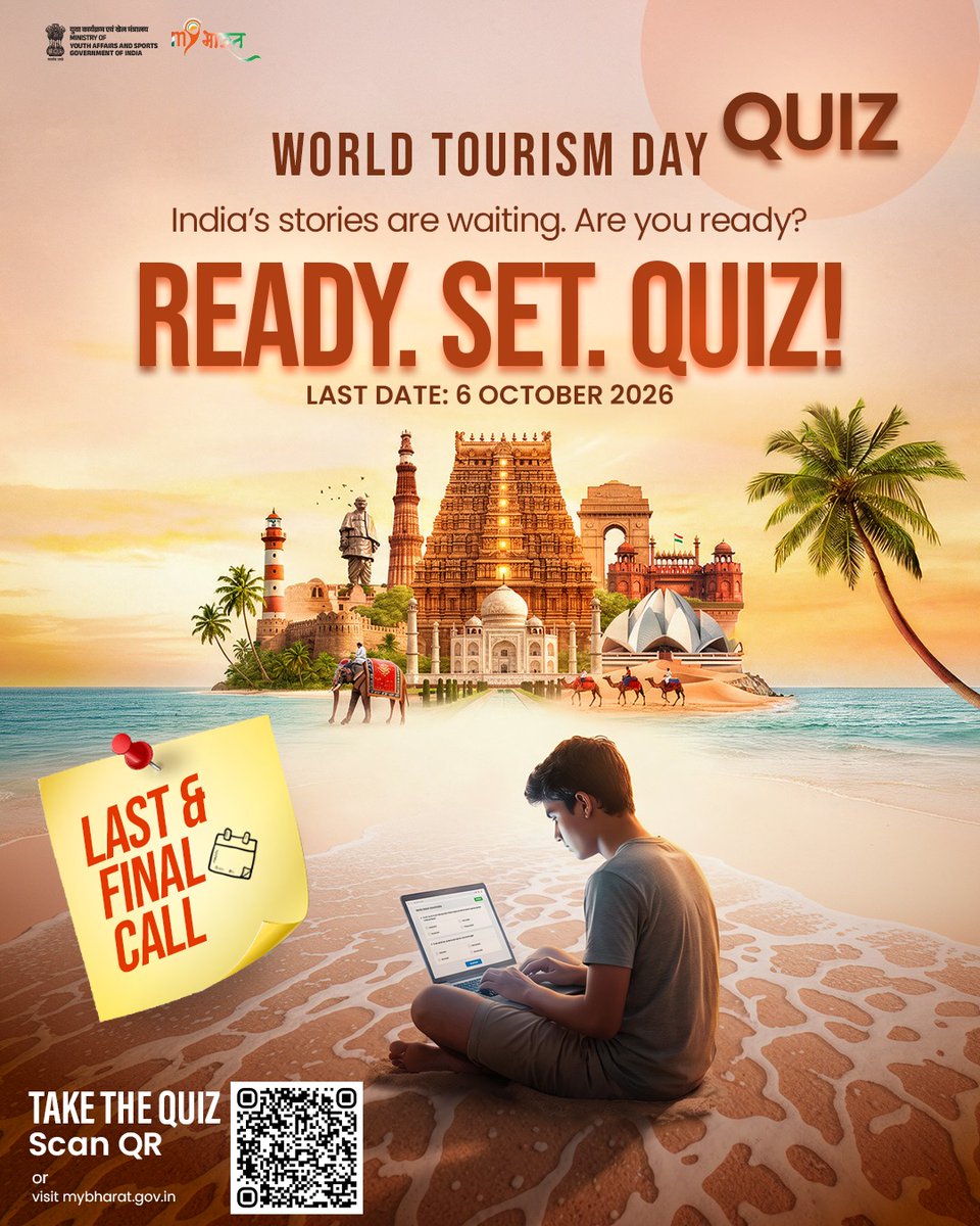 MYBharatHQ's tweet photo. India has countless stories waiting to be discovered. 

With only a few days left, explore its iconic landmarks, hidden gems and rich heritage through the World Tourism Day Quiz. Join in before 6 October 2026! 

Visit: https://t.co/R8IonVRpCl 

#MYBharat https://t.co/LQywAVkkiU