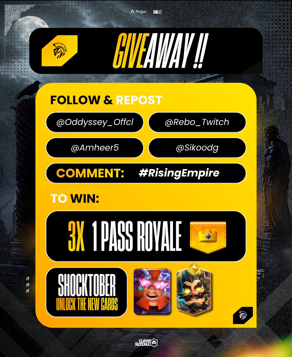 Oddyssey_offcl's tweet photo. 🏛️GIVEAWAY🏛️
 3x 1 Pass Royale #ClashRoyale !

Repost &amp; Follow⬇️
🔱 @Rebo_Twitch 
🔱 @amheer5
🔱 @Sikoodg 
🔱 @Oddyssey_offcl

✍️Comment: #RisingEmpire

Its Shocktober, unlock new cards with Oddyssey !
⏰Ends in 72 Hours.

#RisingEmpire #Giveaway #ODS https://t.co/4Uh7WbTmy7