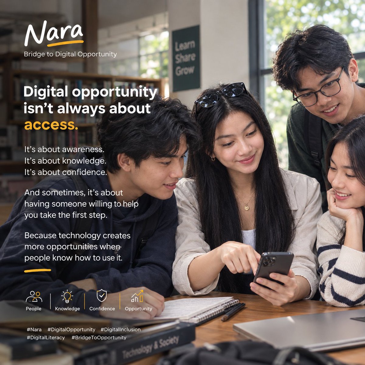 naracheers's tweet photo. Technology is only powerful
when people feel confident using it.

Meet.
Understand.
Explain.
Guide.
Practice.

That’s how opportunity starts.

#Nara #DigitalOpportunity #DigitalInclusion https://t.co/nmOnWO1Eu8