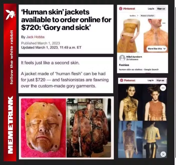 PhilomenaGrady's tweet photo. Clothing made from Human Skin

How many trafficked children were abused, tortured murdered and then their skin made into clothing ? 😭💔

Never forget why we started.
It always was, and still is about the children

EO - 13818

Military is the only way ⚔️⚔️
No Deals !

💞🌹🕊🌍💫 https://t.co/qcbyiZbgXQ