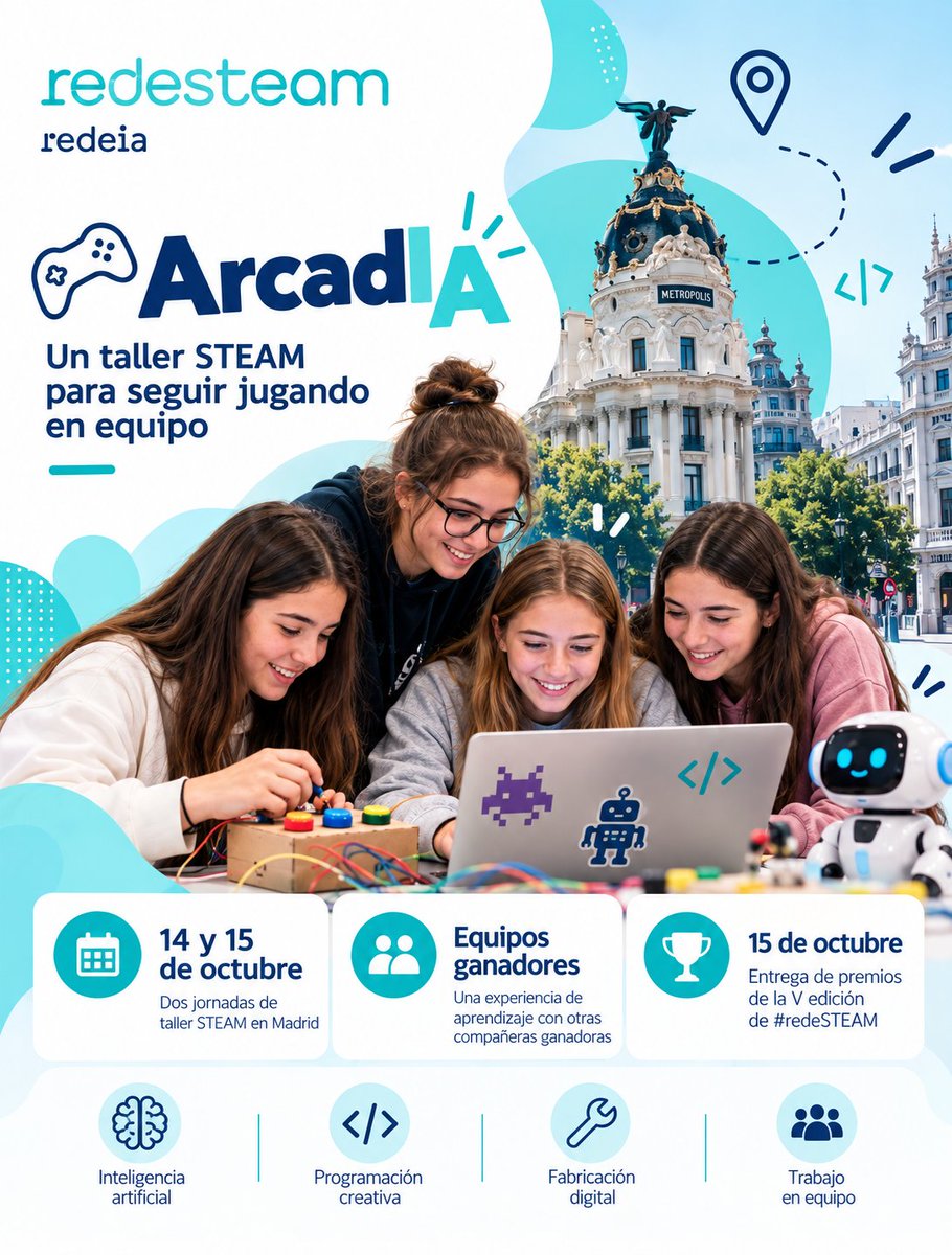 redesteam1's tweet photo. 🎮 Los equipos ganadores de la V edición de #redeSTEAM vivirán los días 14 y 15 de octubre una experiencia STEAM muy especial.

Dos jornadas de taller, creación y convivencia con otras compañeras ganadoras para seguir aprendiendo, compartiendo ideas y celebrando su taento. https://t.co/7aLMf3pzqH