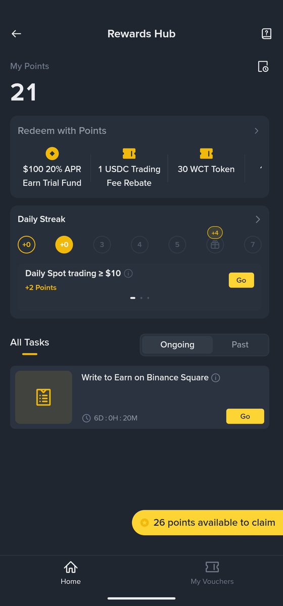 KazeBNB's tweet photo. I opened Rewards Hub to understand Binance Points properly, and what caught me wasn’t another points counter.

It was realizing that things I already do across Binance can now connect into one longer-term rewards system.

Binance Points is designed around eligible everyday activity.

Spot trading, Futures, Convert, P2P / fiat deposits, bStocks, even posting on Binance Square can count where eligible.

The flow itself is simple:

Complete eligible activities, earn Points, claim them in Rewards Hub, then redeem them for the rewards available to you.

One detail I nearly missed is the 5-Day Weekly Bonus.

You can unlock it by completing qualifying daily tasks on 5 or more days during the week.

They don’t have to be five consecutive days.

And there’s another detail worth remembering:

Points must be claimed within 14 days of issue.

If you leave them unclaimed, they expire.

Depending on your region and eligibility, available rewards can include things like trading fee rebates, Futures free positions, Earn trial funds, VIP upgrades and Binance merchandise.

What I like about the idea is that it doesn’t ask you to completely change how you use Binance.

It connects eligible activity you may already be doing into one Rewards Hub.

I’m curious what people would actually want most from Binance Points though.

Fee rebates? Binance swag? Amazon vouchers? Spotify vouchers? Something else?

Activities, rewards and availability can vary by region and user eligibility, so always check what applies to you and use official Binance information.

#Binance #BinanceAcademy #LearnWithBinance #BinancePoints #Rewards #BinanceSquare #Crypto #Web3 #RewardsHub