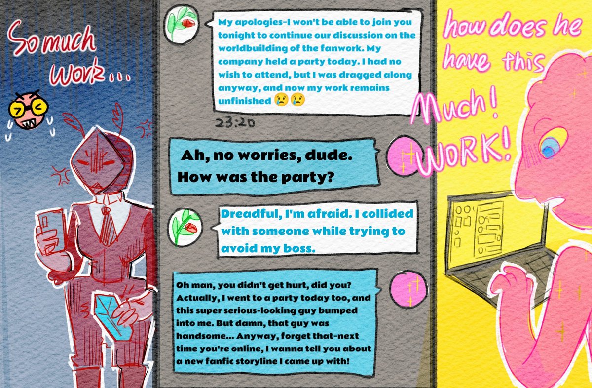 Persimmonszl's tweet photo. When Scarab first became the god auditor, he attended his first and only party, where he unexpectedly met a net friend with whom he had a good relationship... However, they didn't recognize each other.

#prohibitedwish
#Scarab #Prismo https://t.co/EEOtGhwO40