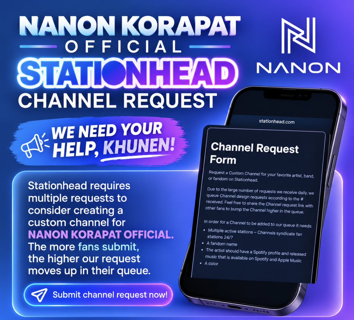 NANONSTREAMING's tweet photo. WE NEED YOUR HELP, KHUNEN! 💙💜

We’re requesting a NANON KORAPAT OFFICIAL Stationhead Channel! 

Stationhead considers multiple requests when creating a custom channel, so every submission counts. The more fans who participate, the stronger our request will be! 💪

📌 The Channel Request Form + step-by-step tutorial will be posted tomorrow. Please stay tuned and join us in supporting this request! 💙💜

Let’s make this happen together, KhunEn! 🫶
#mynameisnanon #nanon_korapat