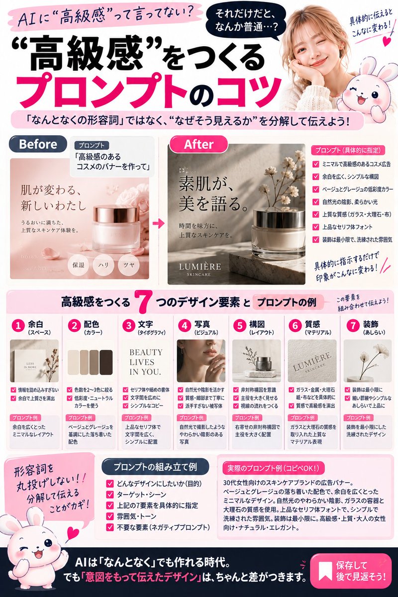 ane5mama's tweet photo. 【AIに「高級感出して」って言ってない？？？】

もちろん今のAIなら
それだけでも普通にいい感じにしてくれる。
でも「高級感」って、
実は1つの要素じゃない！

例えば、
・余白を広く取る
・色数を2〜3色に絞る
・低彩度カラーを使う
・セリフ体や細めの書体を使う
・自然な光と影を残す
・主役を絞った構図にする
・ガラス、金属、大理石など質感を指定する
・装飾を最小限にする

こうやって

「高級感」という形容詞を
「なぜ高級に見えるのか？」まで分解してAIに伝える！
例えば、
「高級感のあるコスメ広告を作って」
から、
「ベージュとグレージュの低彩度配色。広い余白を取ったミニマルな構図。上品なセリフ体。自然光の柔らかな陰影。ガラスと大理石の質感。装飾は最小限に。」
まで具体化する。
AIが「なんとなく」でも作れるようになった今だからこそ、
「もっと高級に！」
「もっとおしゃれに！」

と繰り返すより、

「その印象は何でできてる？」
を言語化できると、狙った方向へ持っていきやすい！

形容詞を丸投げしない。

「高級感の正体」を7つに分解しました！

保存して、次のAIデザインで使ってみて◎