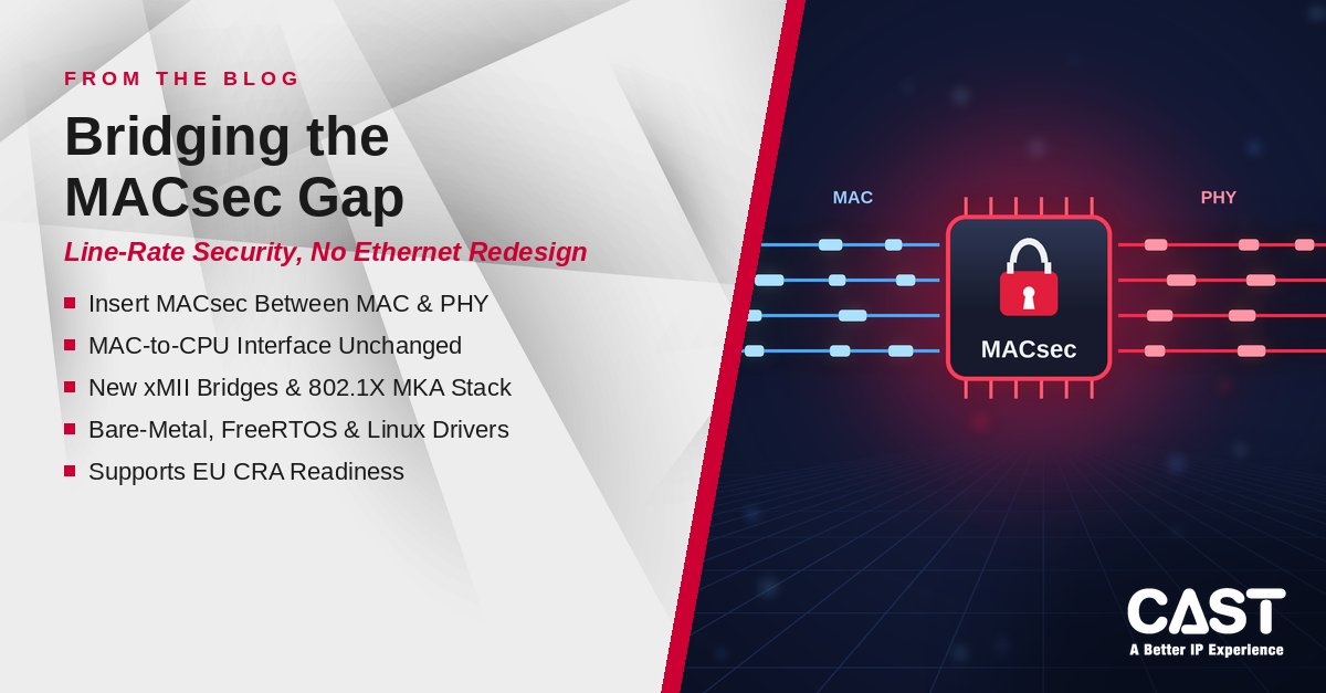 castcores's tweet photo. Adding MACsec to an existing design? Our new blog shows how to drop it in between your MAC and PHY with xMII bridges. You don't have to rework the rest of the design, and key management is covered too.
https://t.co/73kQaukWwF
#MACsec #EthernetSecurity #SemiconductorIP https://t.co/pWQqvO13EG