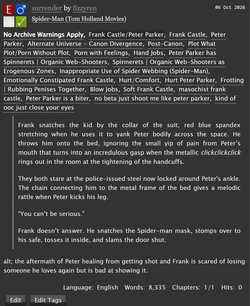 fizzyren's tweet photo. 🕷 #peterfrank #spiderskull #spidercastle

🕷 EXPLICIT | 8.3k words

⚠️ PWP, undernegotiated sexual content, spontaneous handjobs and blowjobs, hurt/comfort, post-canon divergence, spinnerets as erogenous zones, frank &amp; peter dancing around confessing

🔗 https://t.co/tGskA91R8h https://t.co/ywxwN1GJr9