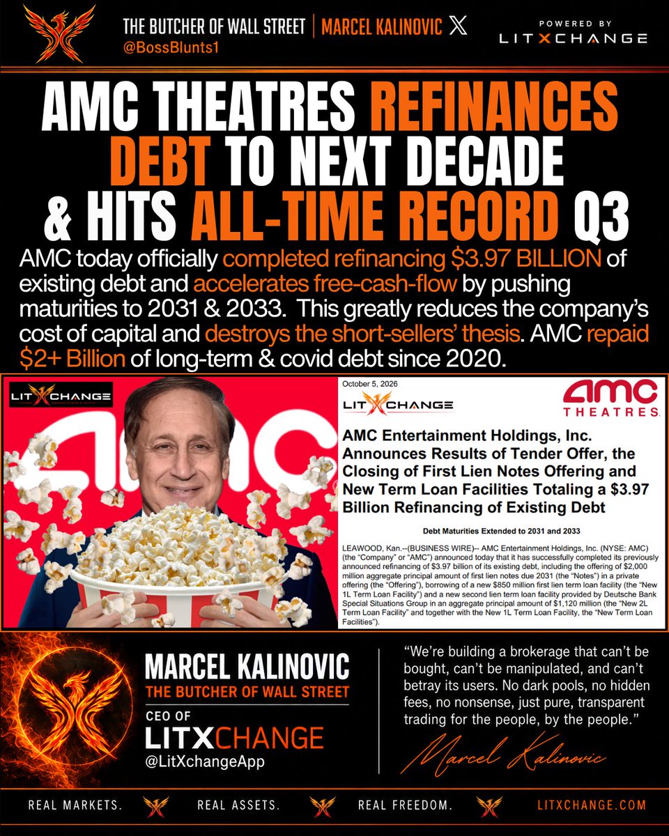 BossBlunts1's tweet photo. 🚨 AMC FUCKS SHORT SELLERS — REFINANCES DEBT TO NEXT DECADE &  ALL-TIME RECORD 3RD QUARTER BOX OFFICE

💎🙌🦍TLDR — Shorts are FUCKED — WGBSFR!

This is MASSIVE:
🔥 ~97% of AMC’s debt refinanced
🔥 Major maturities pushed all the way out to 2031 & 2033
🔥 Cost of capital reduced
🔥 Capital structure simplified
🔥 Nearly $2 BILLION of long-term debt + COVID lease deferrals paid down since 2020

👀 AMC’s remaining debt load is now down to $3.97 billion, with almost all of those maturities pushed years into the future.  

The remaining 3% is set to be PAID-OFF in the next few months.

🍿 AMC also says Q3 produced an ALL-TIME RECORD North American box office

The debt wall bears have been screaming about for years just got paid-down and shoved into the NEXT DECADE with lower interest rates.  Now combine that with a recovering box office, lower financing costs and AMC’s massive operating leverage.

Things just got VERY interesting for AMC shareholders👀

@CEOAdam's full comments on the restructuring; “This transaction marks for all to plainly see a significant milestone for AMC. With this now-completed comprehensive refinancing of approximately 97% of our debt, we have materially extended almost all our debt maturities until October of 2031 and October of 2033, simplified our capital structure and reduced our cost of capital. AMC is now well positioned to thrive, as we welcome millions and millions of guests each and every week to our theatres throughout the world.” 

Aron continued, “The bold and creative capital markets actions we have implemented in recent years, paired with a resurgent box office and our impressive operating performance, have resulted in a substantial reduction in financial leverage and a stronger balance sheet. Recent corporate or instrument credit ratings upgrades, by all three major credit rating agencies, clearly reflect AMC’s considerable progress on this score.” 

Aron highlighted, “It is so immensely satisfying to us how deftly AMC has navigated these uncharted waters of the past six-plus years. Since 2020, AMC has paid down a total of nearly $2 billion of our long-term debt and COVID-related lease deferrals and has extended the maturity of what is in our view a manageable remaining debt-load of approximately $4 billion to 2031 and 2033. This is nothing less than a triumph for AMC.” 

Aron added, “We extend sincere thanks to all of our lenders, most notably Deutsche Bank Special Situations Group for their participation in this ambitious transaction. Our investment banking partners, particularly including Wells Fargo Securities, Deutsche Bank Securities, Citigroup, and Goldman Sachs & Co. LLC, and our advisors, including Moelis & Company LLC and Weil, Gotshal & Manges LLP who have for years now brilliantly showcased their unique skills. Additionally, their confidence, support, and commitment to AMC have been crucial to the demonstrable progress that AMC has made in the tumultuous times of the past several years.” 

continued: “This all has taken place against the backdrop of an increasingly robust box office, including an all-time record third quarter North American box office. Looking ahead, we are highly optimistic as well about our prospects for the remainder of this year. An exciting film slate awaits us, especially including the December releases of DUNE: PART THREE and AVENGERS: DOOMSDAY, promising to close 2026 on a high note and carry that 2026 momentum into 2027.” 

Aron concluded, “A growing box office, a more efficient balance sheet, combined with disciplined execution on our part, position AMC to capitalize on the significant operating leverage inherent in our business. With continued box office growth and successful execution of our strategy, we firmly expect AMC to considerably expand EBITDA, improve free cash flow and deliver meaningful long-term value for our stakeholders.”

#WGBSFR #IYKYK 💎🙌🦍