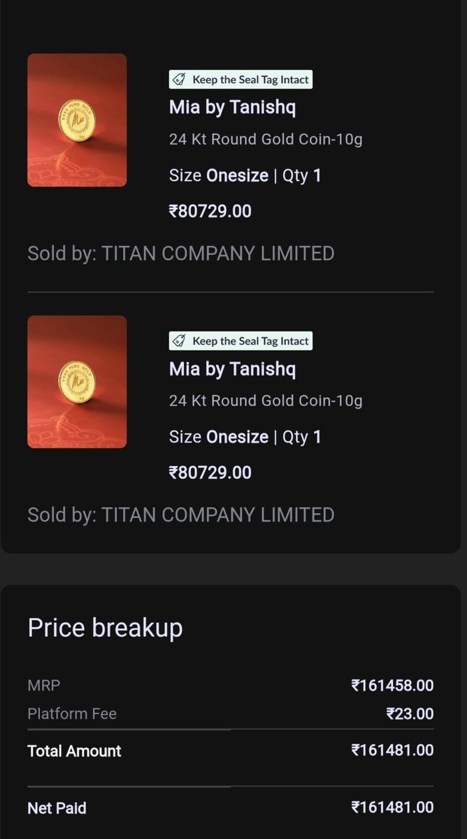 KawadiaArpit's tweet photo. @MyntraCare @myntra @TITANCompany
I ordered 2 × 10g 24K gold coins on 30 Sept. Myntra confirmed the order and payment was made.
After confirmation, the order was changed to 2 × 5g without my consent. One 5g coin has already been delivered... https://t.co/UYDJUrX1UR