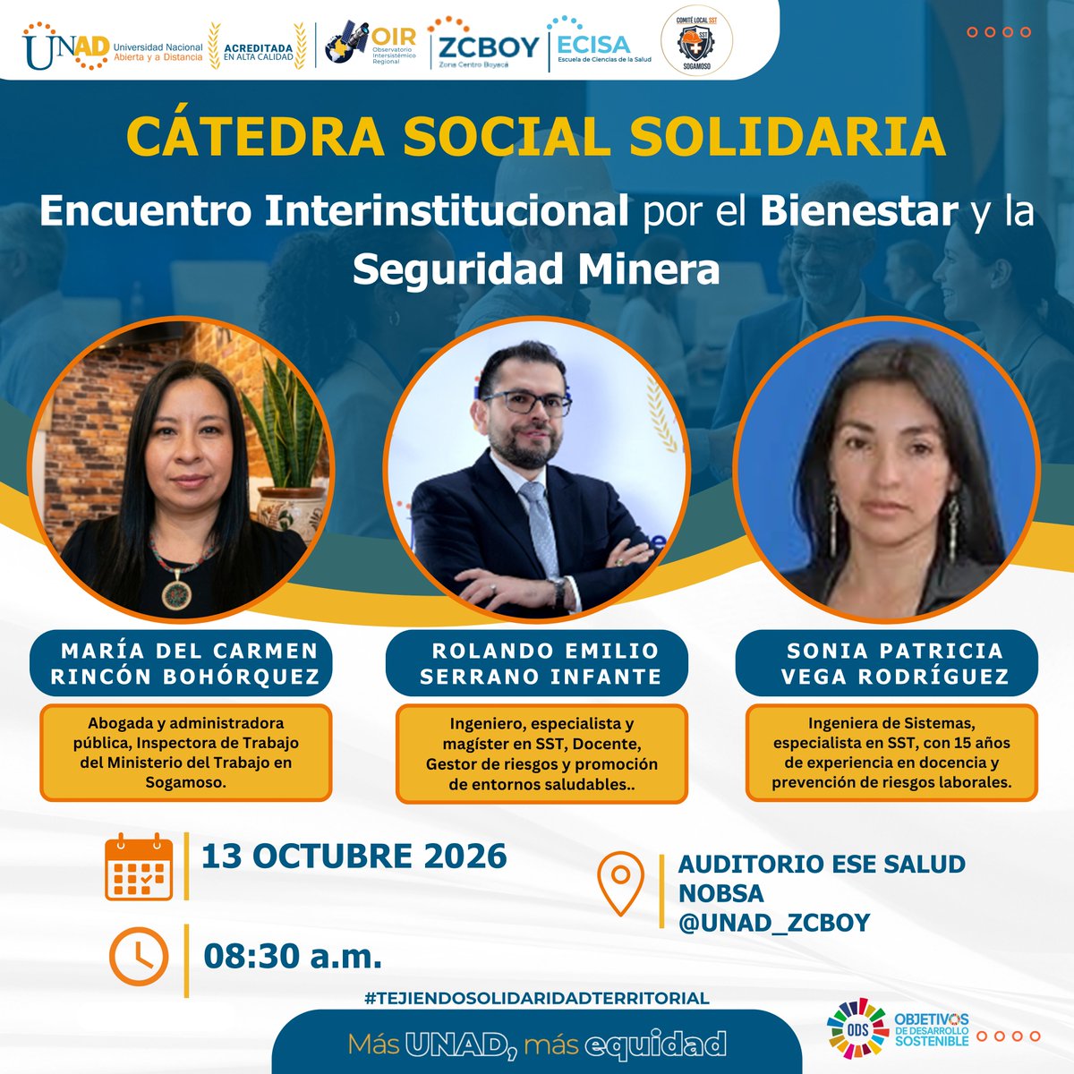 ElOIRdelaRegion's tweet photo. #CátedraSocialSolidaria🤝⛏️ Educación, bienestar y seguridad: juntos transformamos territorios
Nobsa con un importante Encuentro Interinstitucional por el Bienestar y la Seguridad Minera, un espacio para dialogar, compartir saberes y fortalecer acciones que aporten al bienestar de nuestras comunidades.
💙 Desde la UNAD @UNAD_ZCBOY  a través de ECISA, nos articulamos con actores del territorio para promover una minería más segura, humana y comprometida con el desarrollo social.

📅 13 de octubre de 2026
🕣 8:30 a. m.
📍 Auditorio ESE Salud Nobsa
🏛️ Modalidad presencial
🌎 Cuando las instituciones se articulan, el conocimiento se convierte en acción y los territorios avanzan.
#CátedraSocialSolidaria #UNAD #ZonaCentroBoyacá #ECISA #Bienestar #SeguridadMinera #Nobsa #TransformamosTerritorios